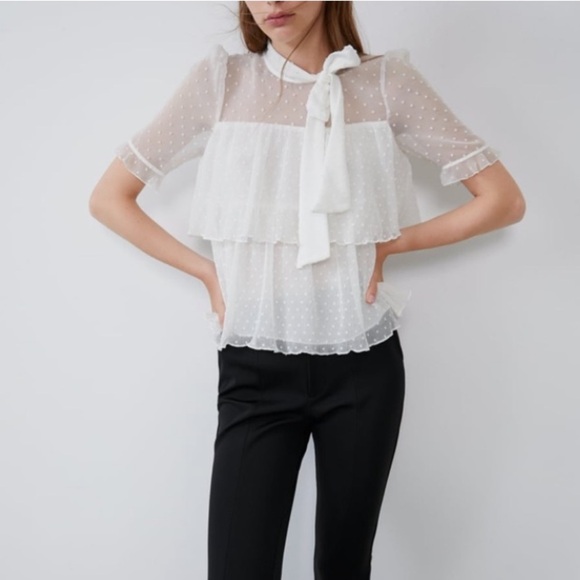 Zara Womens White Cream Swiss Dot Semi Sheer Tiered Ruffle Pussybow Tie Neck Top - Picture 1 of 13